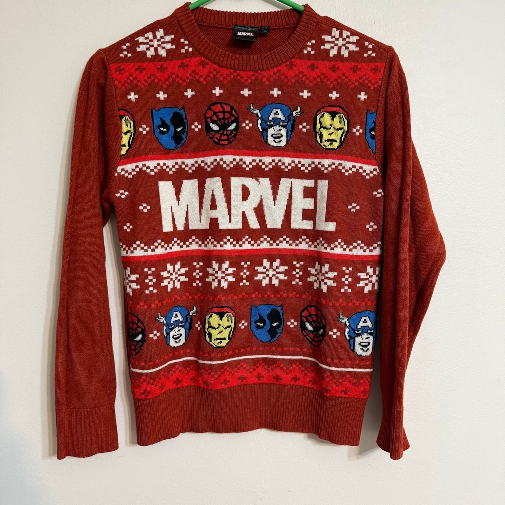Marvel Kids Red Holiday Sweater Spider-Man Captain America Iron Man Large L
